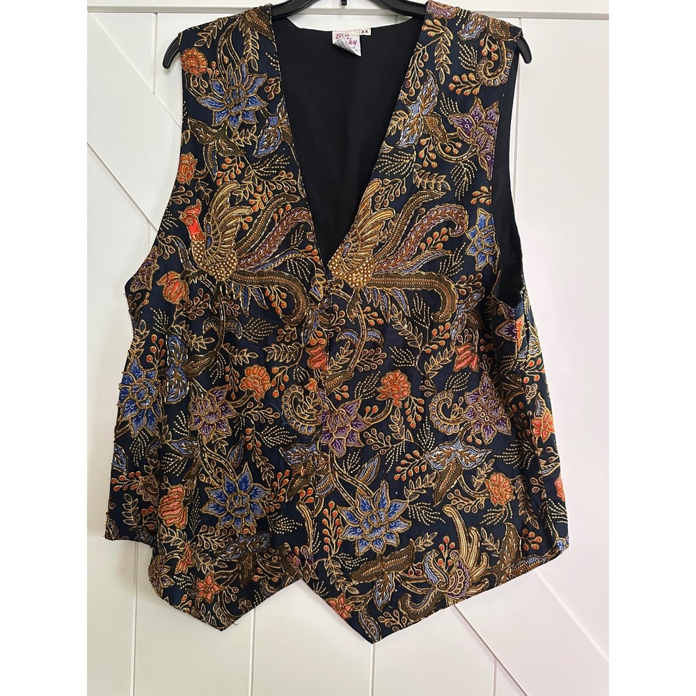 Vintage Blue Sky‎ Hand Made Bali Batik Vest 2X Beaded Tropical Floral